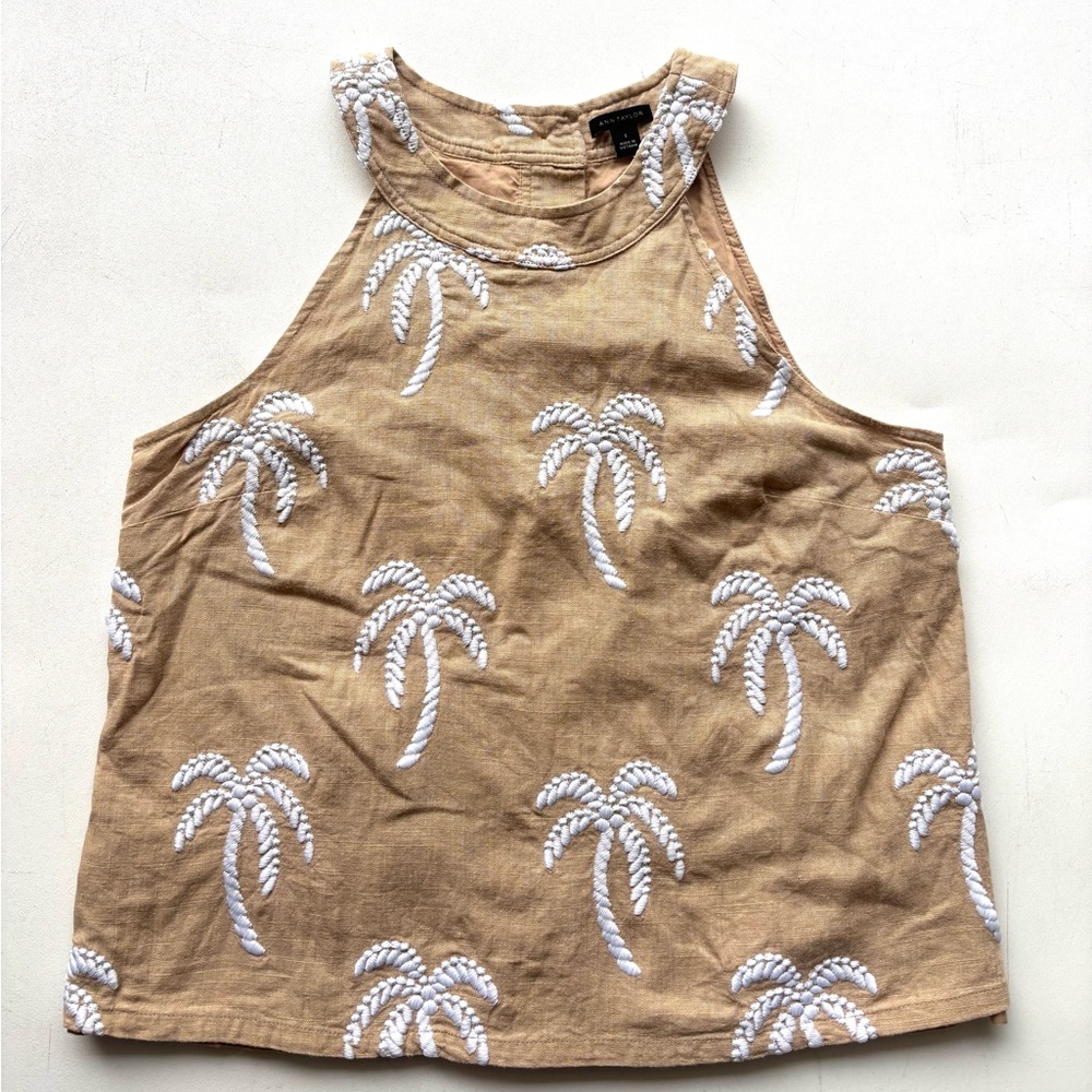 Ann Taylor tan and white embroidered palm tree tank size small linen blend